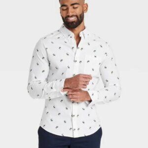 Men's Long Sleeve Reindeer Print Poplin Shirt - Goodfellow & Co White